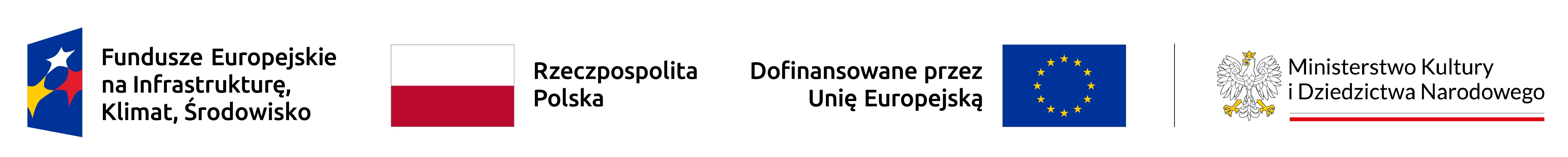 Pasek z logotypami i flagami Funduszów Europejskich, Polski, Uni Europejskiej i Ministerstwa Kultury i Dziedzictwa Narodowego 