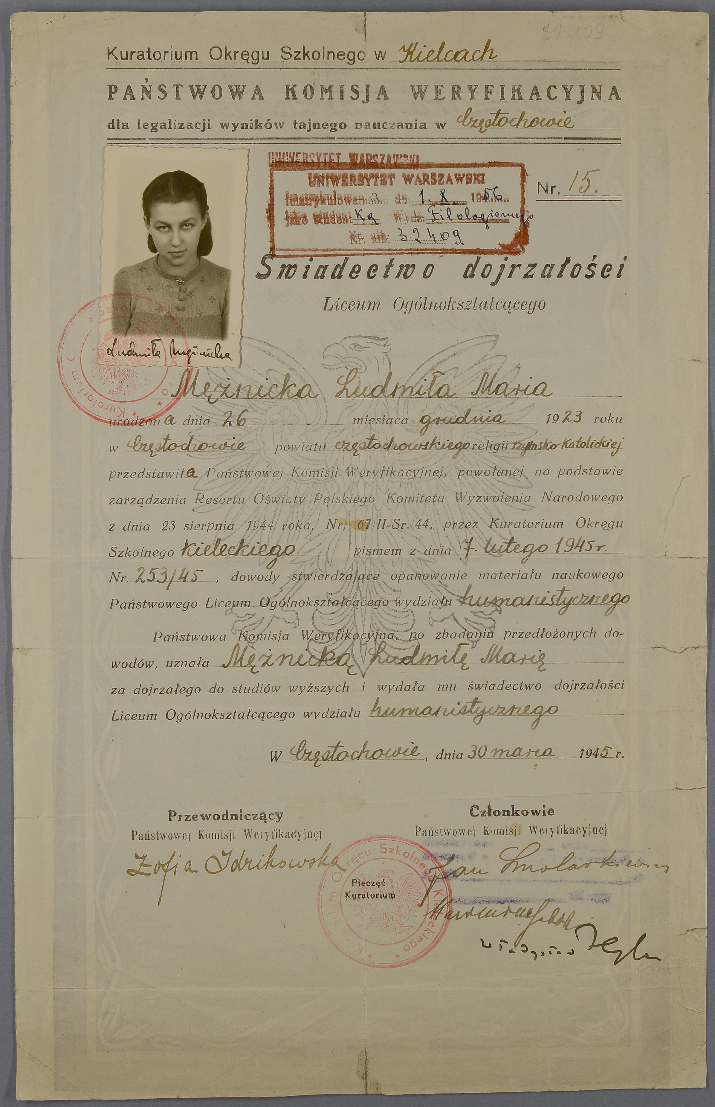 Świadectwo maturalne Ludmiły Marjańskiej z domu Mężnickiej z 1945 roku