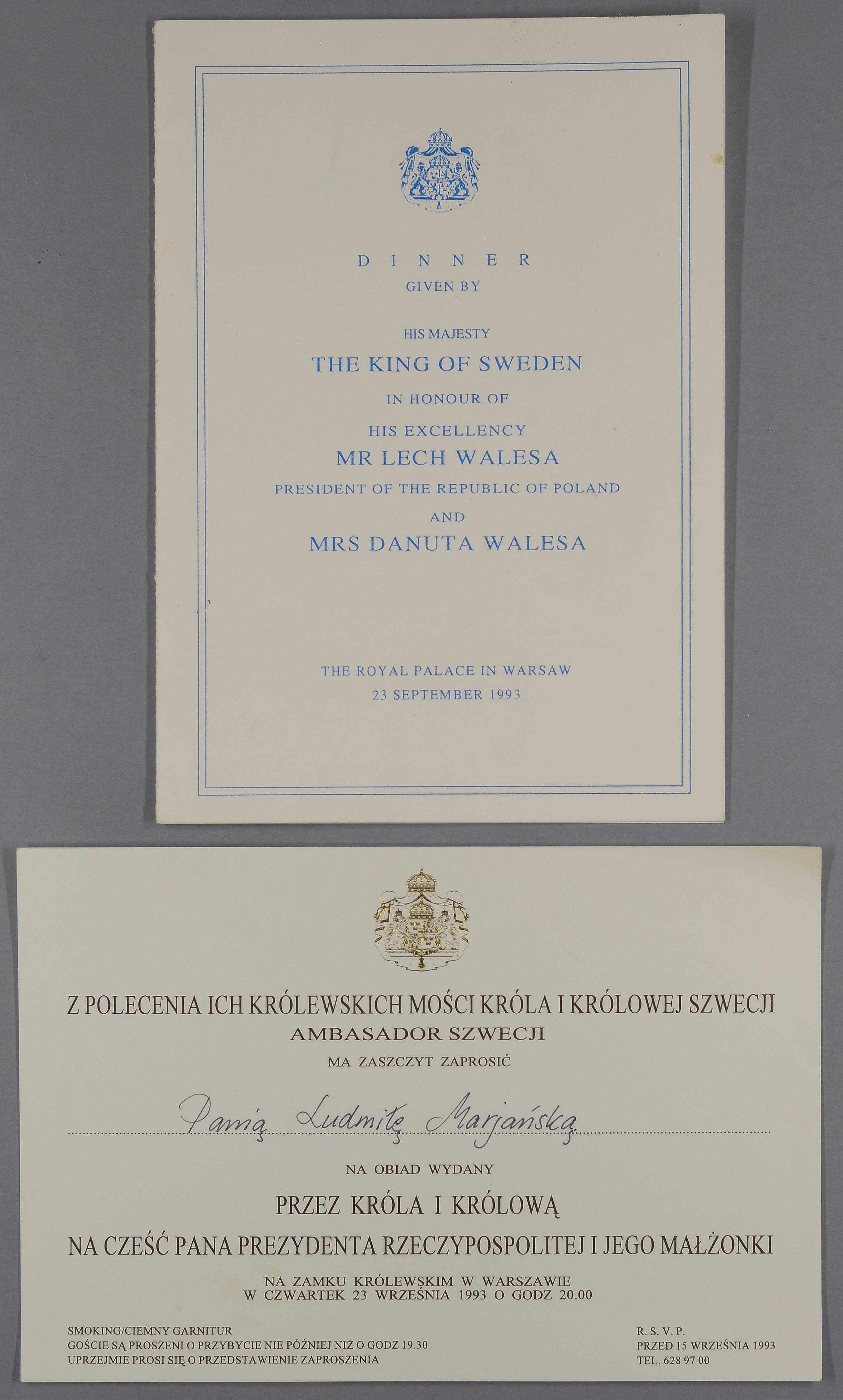 Zaproszenie na nazwisko Ludmiła Marjańska na obiad wydany na cześć Prezydenta Rzeczpospolitej Lecha Wałęsy i Jego Małżonki przez Króla i Królową Szwecji z 1993 roku