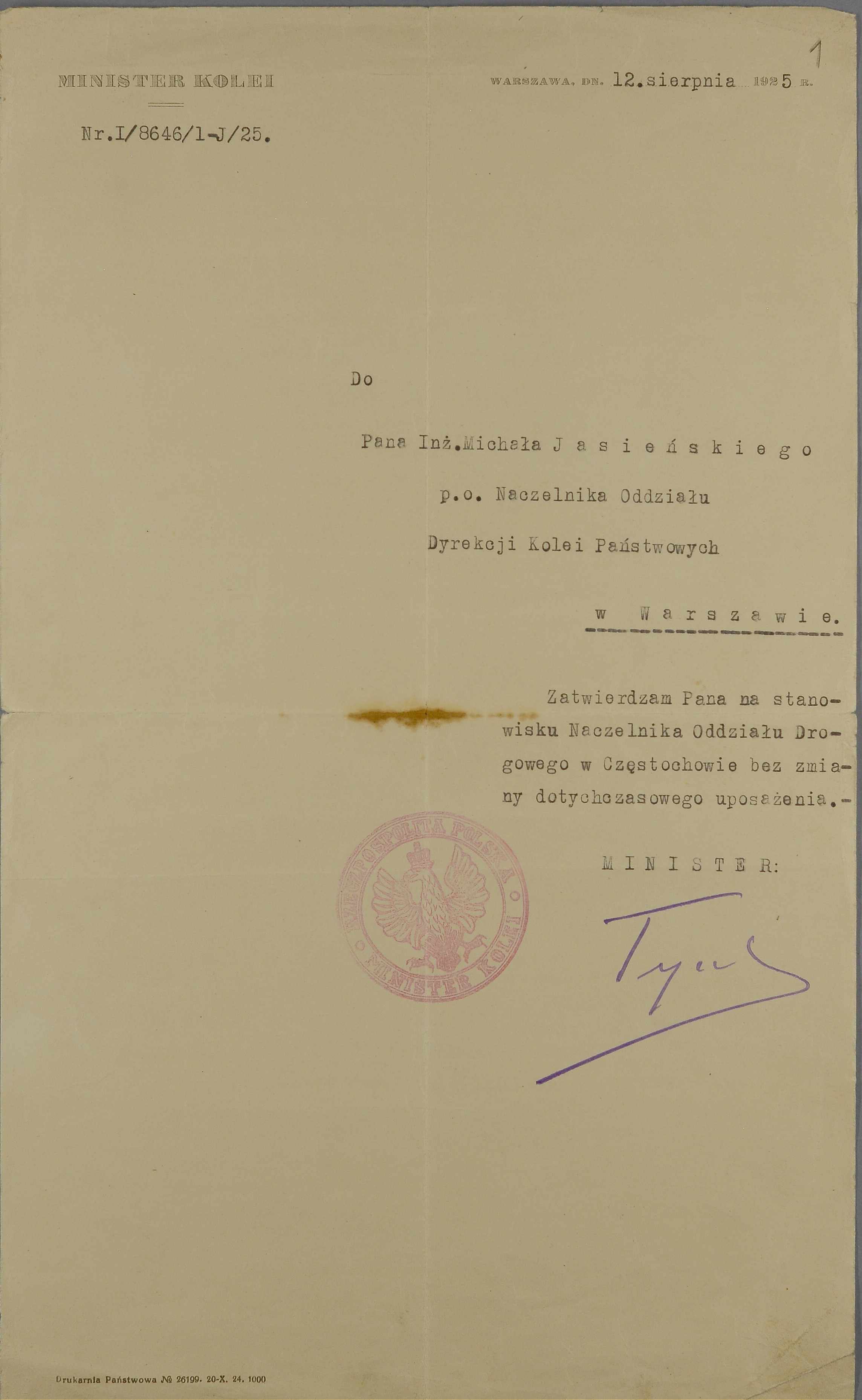 Pismo Ministra Kolei zatwierdzające Michała Jasieńskiego na stanowisko Naczelnika Oddziału Drogowego w Częstochowie z 1925 roku